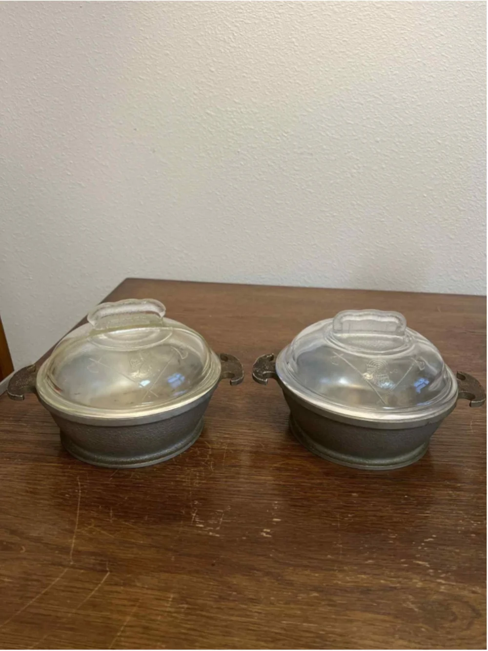Guardian Service 3 Pc Casserole Lot Etched Glass Lids Round Triangular Hammered